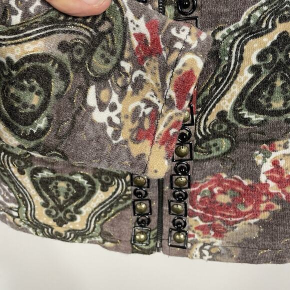 Alberto Makali Full Zip Jacket Womens L Taupe Floral Metal Studs Boho Edgy Artsy - Picture 6 of 10